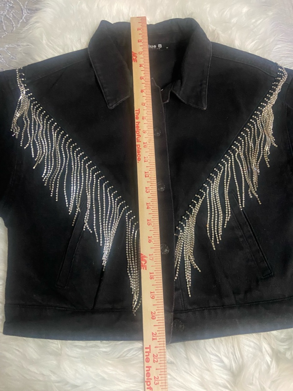 Blue B Sz M Washed Black Cropped Rhinestone Fringe Denim Jacket - Designer Style - Picture 13 of 15